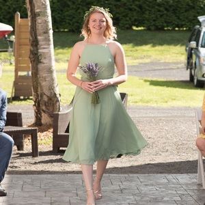 Sage Green Tea-length Bridesmaid Dress